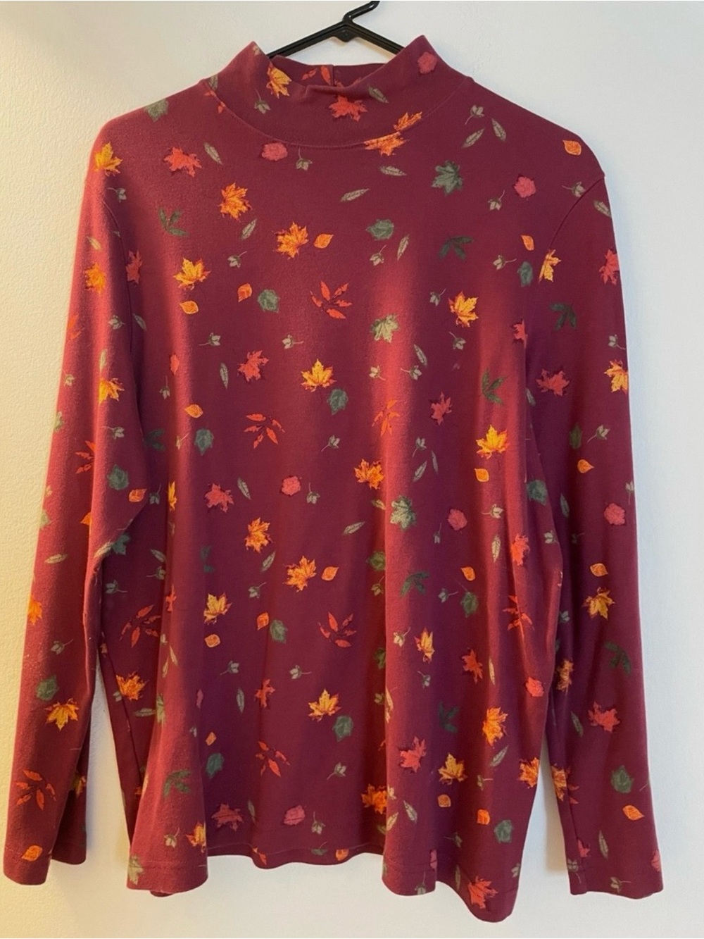 Croft & Barrow Autumn Leaf Print Burgundy Mockneck Top XL